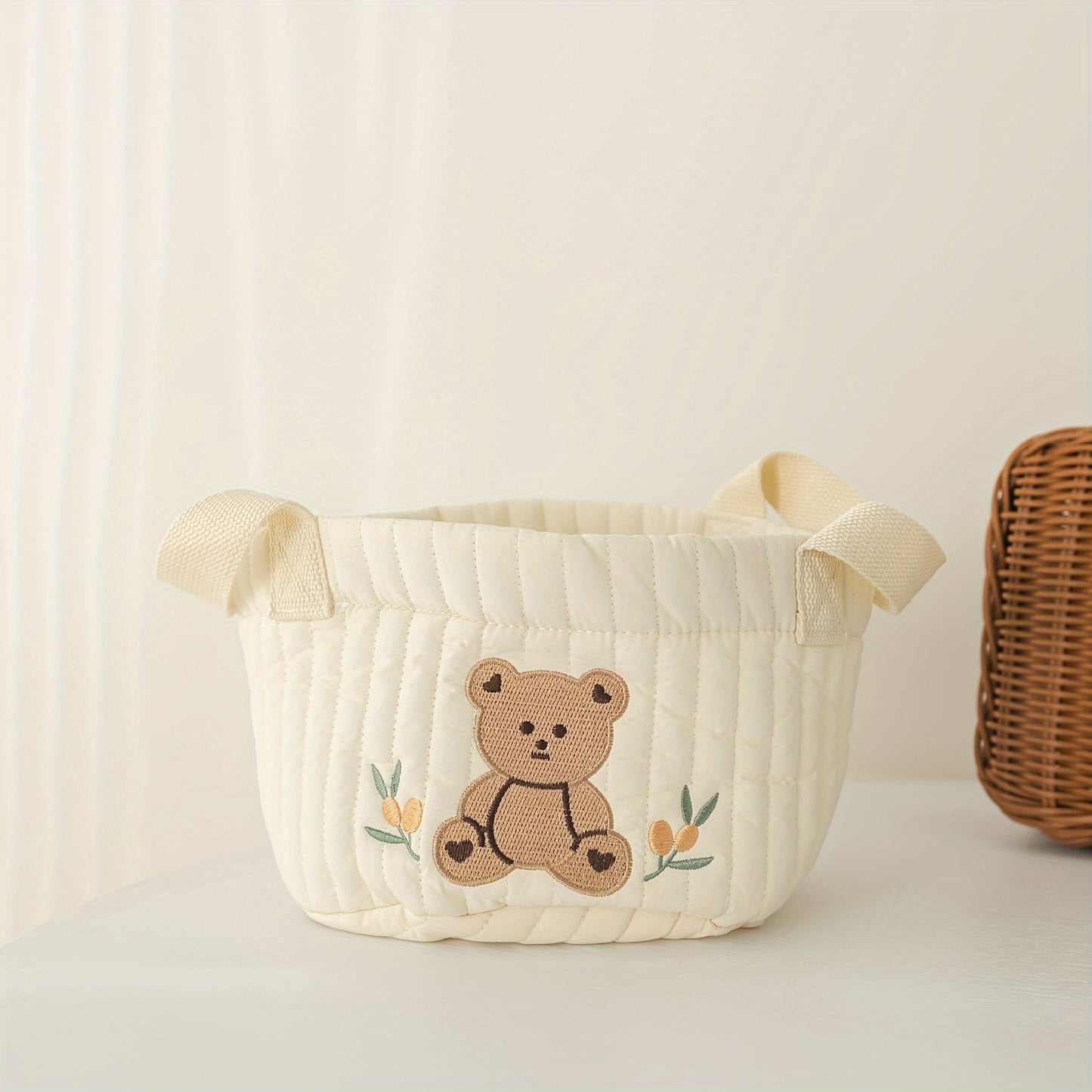 Durable and Foldable Storage Basket with Bear Embroidery - Ideal Organizer for Diapers, Clothes, Toys, and Bedding - Perfect for Multipurpose Use