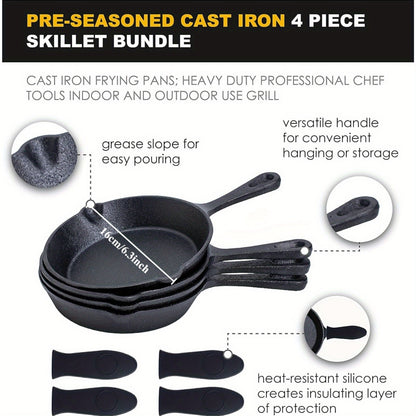 Set of 4 Pre-Seasoned Cast Iron Skillets - Hand Wash Only - 15.24 cm - Oven Safe Frying Pans - Durable Cookware with Silicone Handle Covers - Perfect for Indoor and Outdoor Cooking