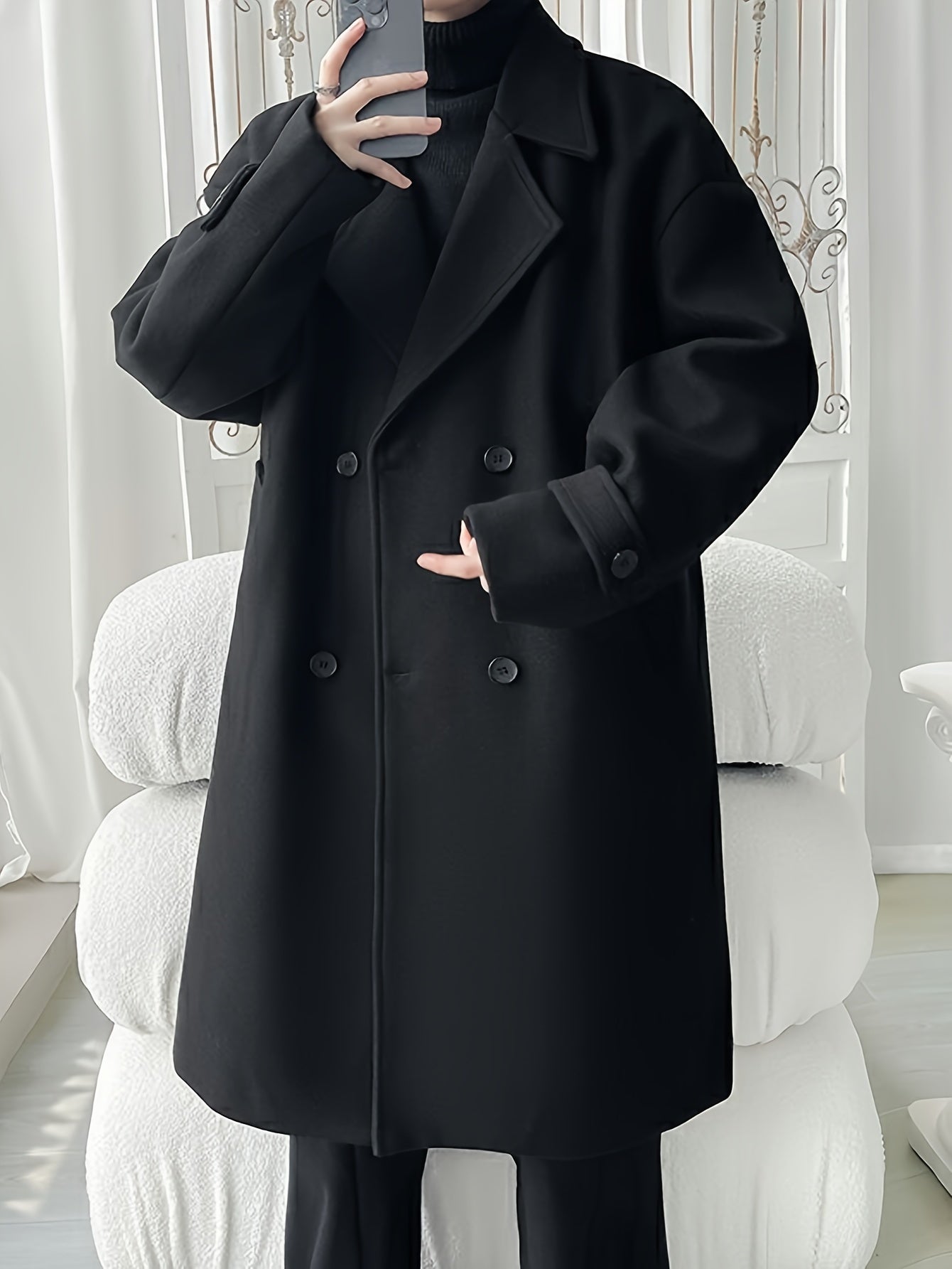 Men's Elegant Double-Breasted Overcoat - Casual Long Coat for Fall & Winter with Solid Color and Open Collar.