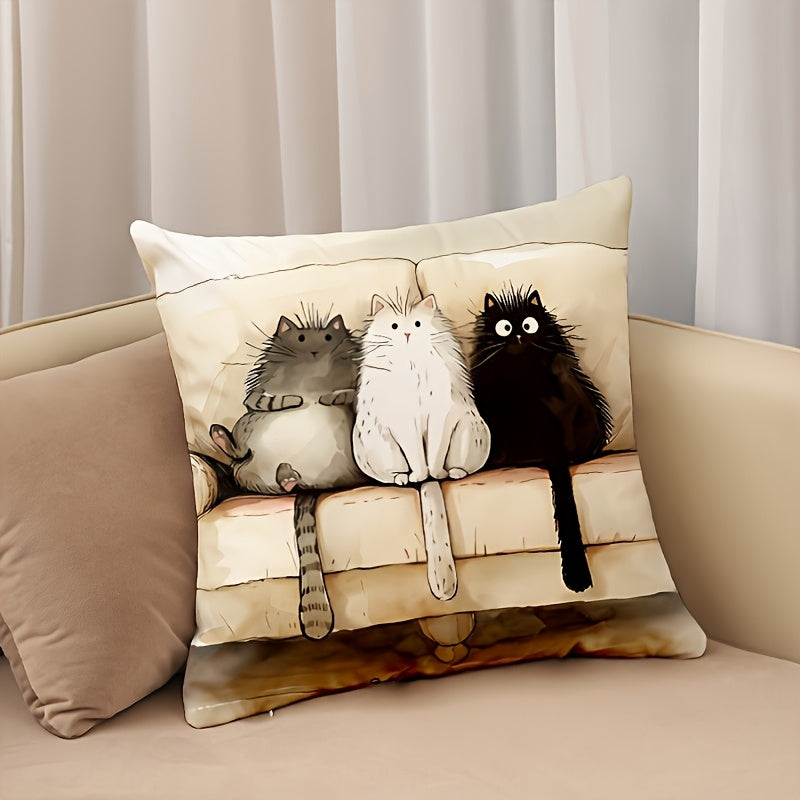 Hand-painted abstract cartoon cat print throw pillow cover measuring 44.96cm x 44.96cm, machine washable with zipper closure. Made of woven polyester for sofa, living room, bedroom. Insert not included. Hypoallergenic and contemporary design.