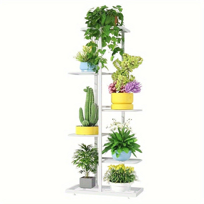 Multi-tier metal flower stand suitable for various settings like living rooms, balconies, and gardens. Ideal for displaying potted plants and books.