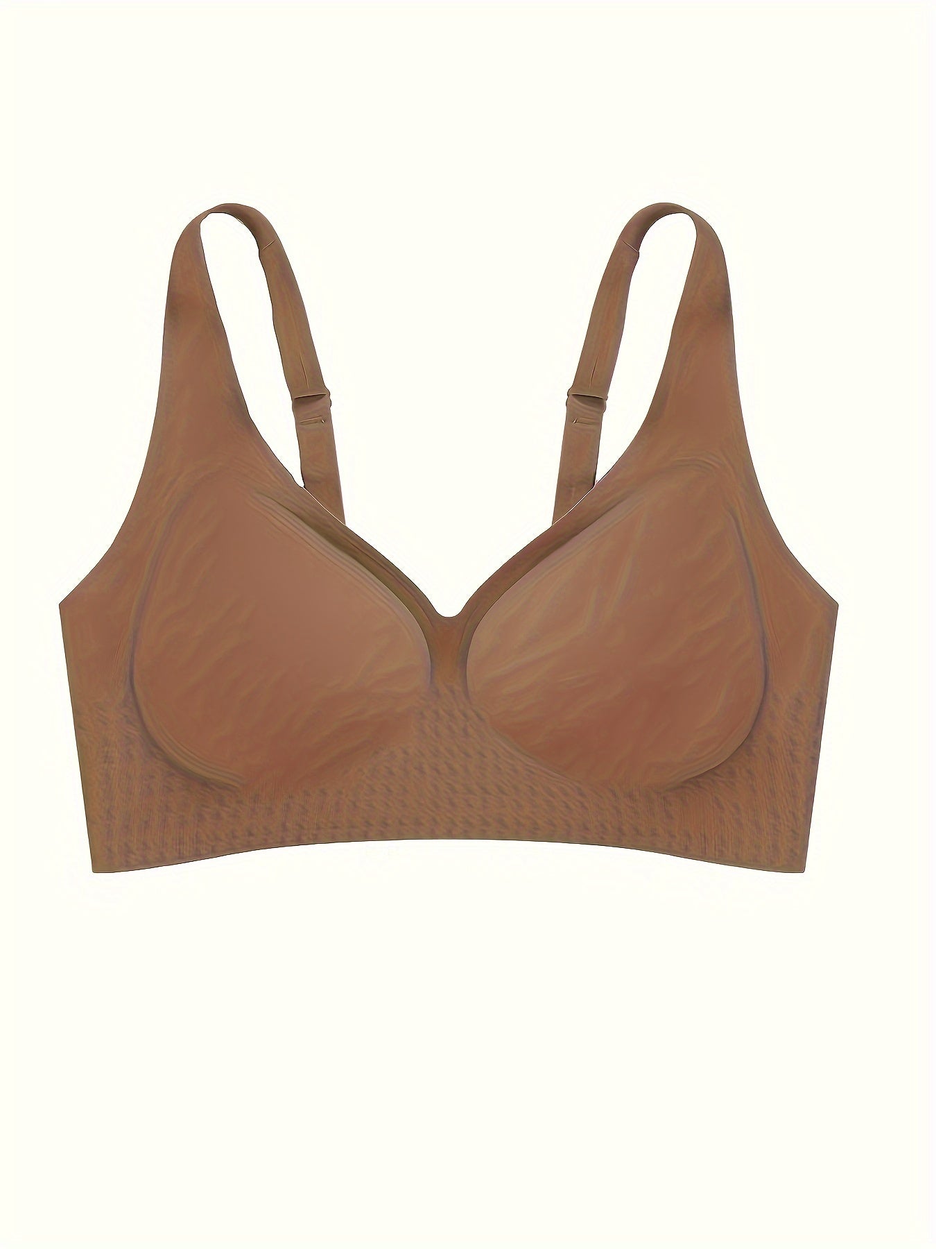 2 Seamless V-Neck Wireless Bras with removable pads made of 85% Polyamide and 15% Elastane knit fabric. Solid color, full cup design, breathable, and quick-dry.