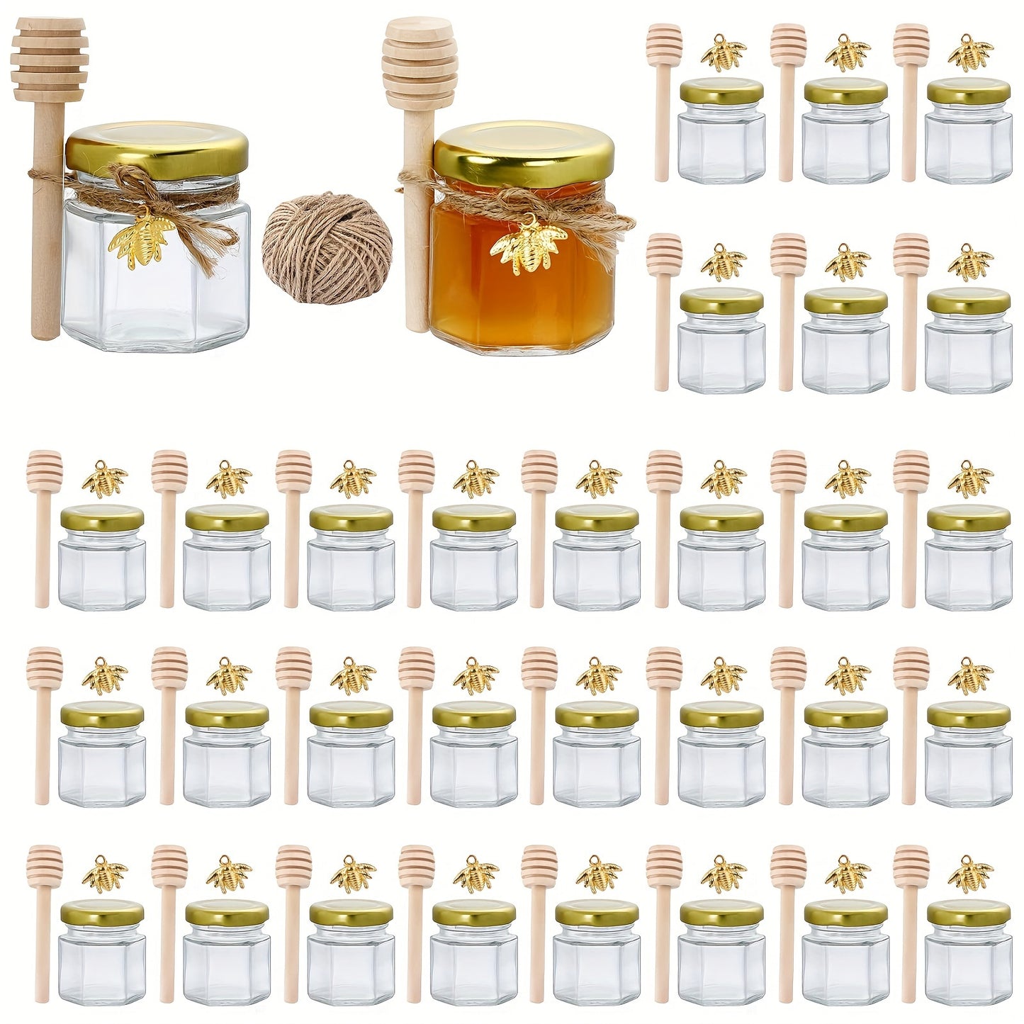 60/50/30/20 Honey Jars, 1.5 oz Hexagon Mini Glass Jars with Wood Dipper, Golden Lid, Bee Pendant, Jute Rope - Perfect for Jam, Candies, Baby Showers, Weddings and Favors.