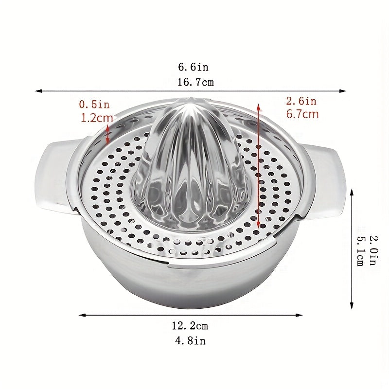 Round handheld citrus juicer made from durable stainless steel, includes bowl for extracting fruit juice without the need for electricity. Perfect for kitchen use.