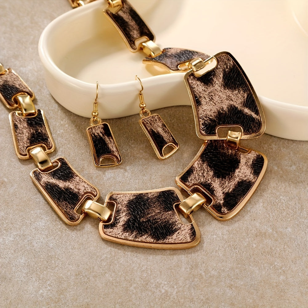 Set of 3 Leopard Print Earrings and Necklace, Fashion Jewelry in 18k Gold Plating, Perfect for Daily Outfits and Night Club Decor