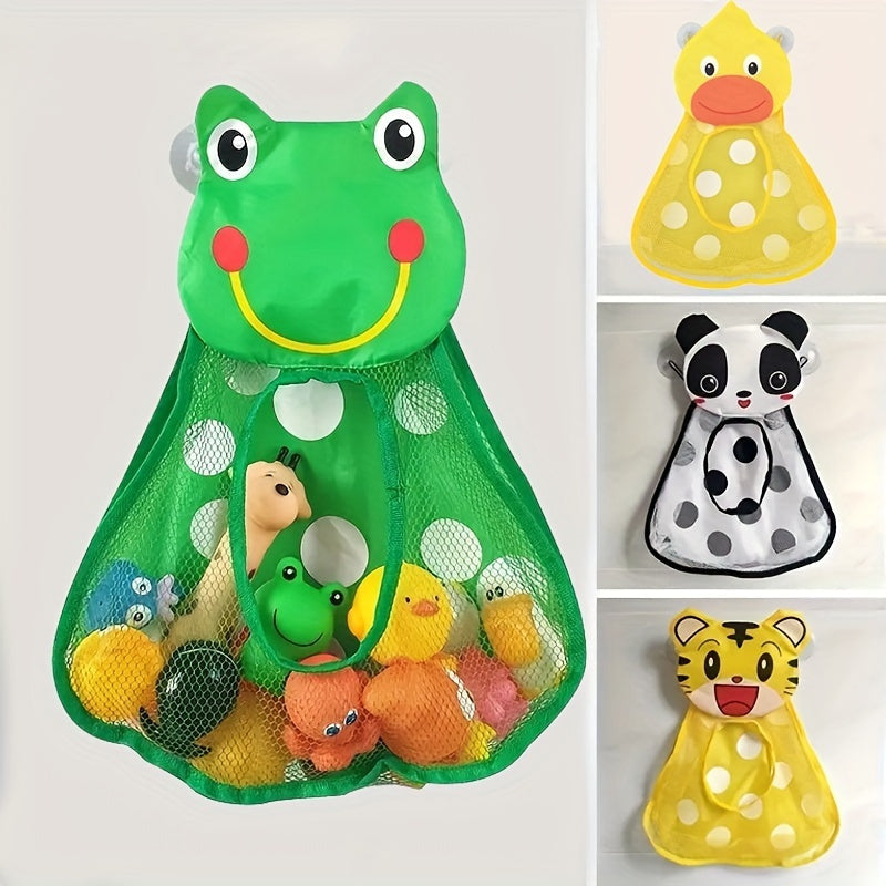 Large capacity mesh storage bag featuring cartoon animal designs, including a duck, frog, tiger, and panda. Comes in a 1-piece set with suction cups for hanging. Can be used for storing toys or other items. Measures 39.98 * 31.98 cm.