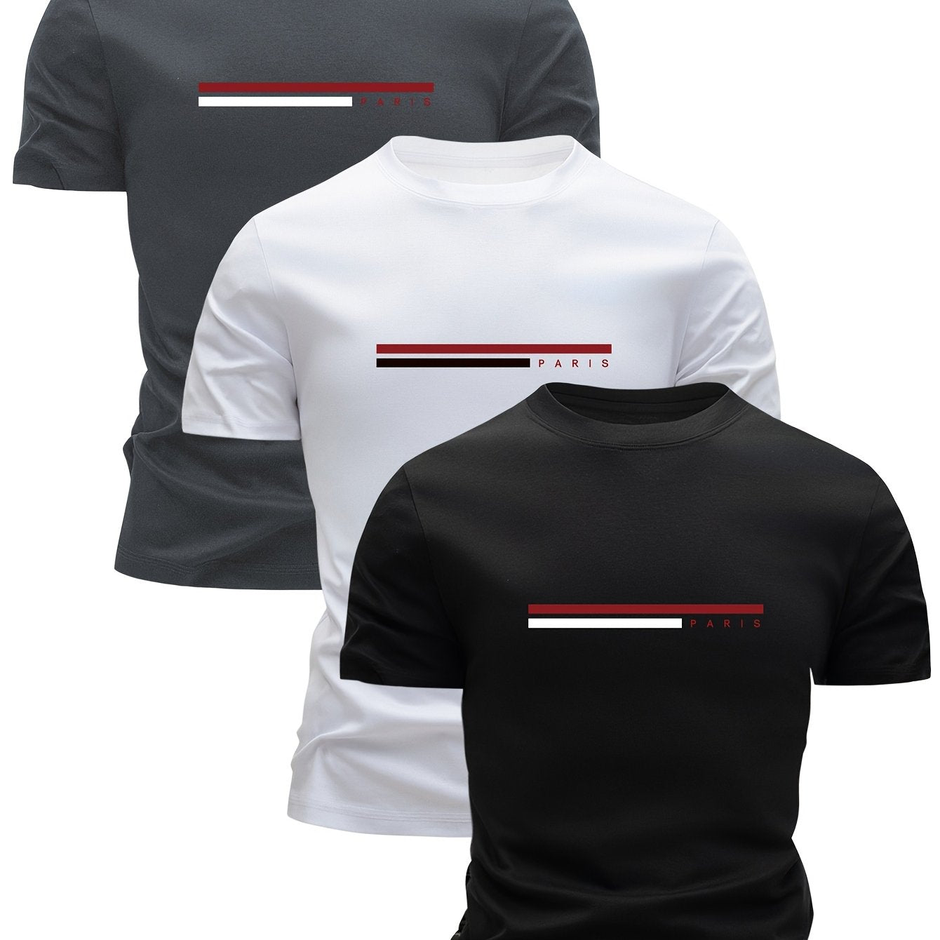 Three men's 100% cotton t-shirts with summer short sleeves, crew necks, and casual print designs in gray, white, and black, ideal for casual attire.