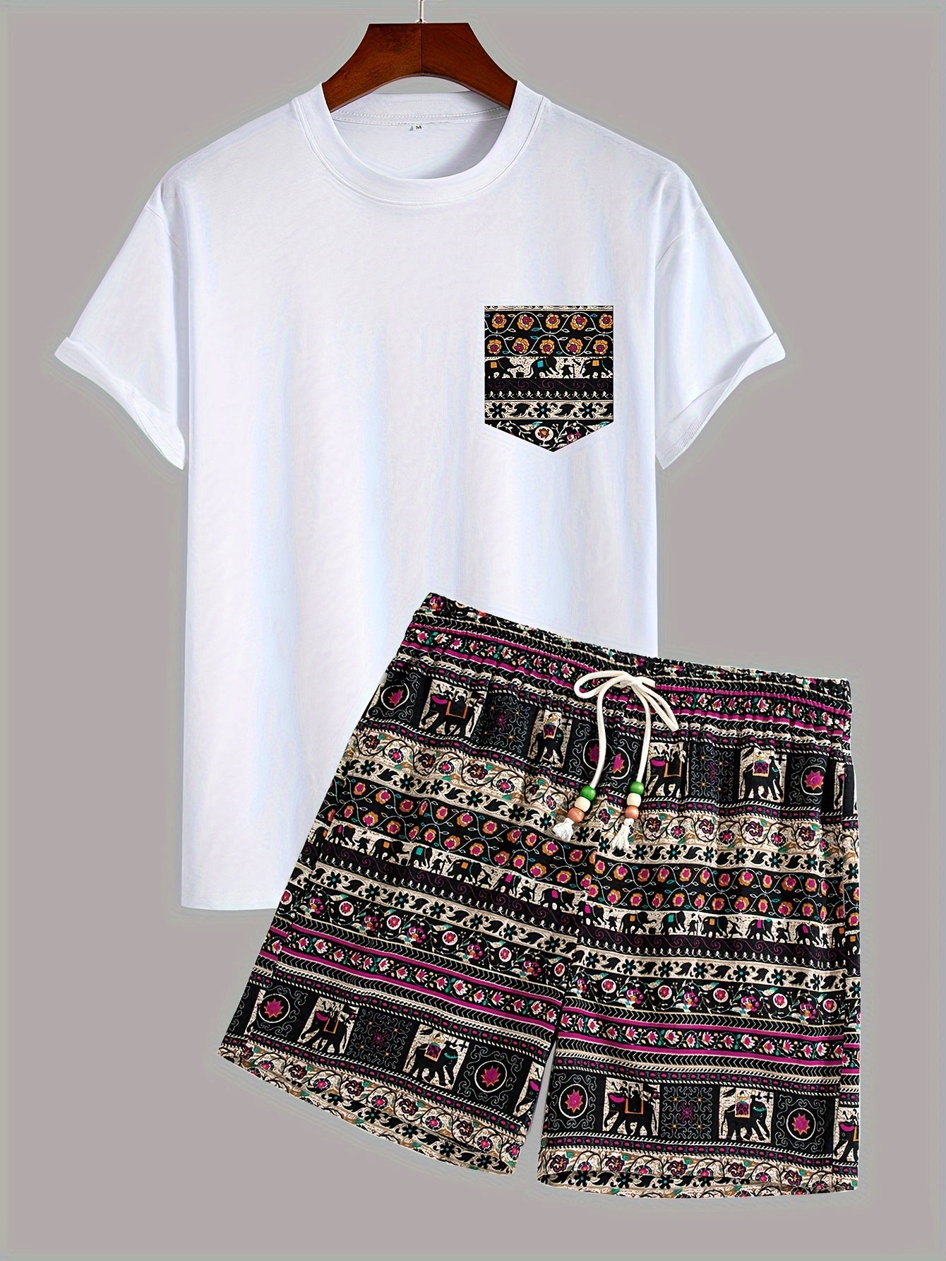 Boho Tribal Print Cotton T-Shirt and Shorts Set, Loose Fit, Crew Neck, Drawstring Bottoms, Knit Fabric, Spring Outfit.