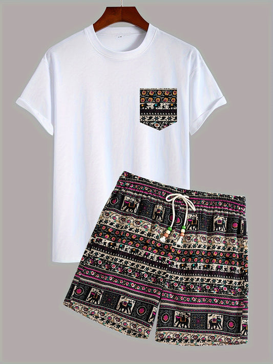 Boho qabilaviy naqshli paxta T-shirt va shortlar to'plami, keng kesim, yumshoq bo'yin, tortishqichli pastki, to'qilgan mato, bahor kiyimi.