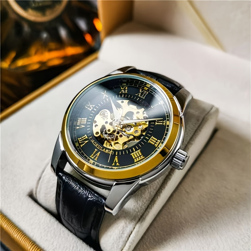 Elegant men's automatic mechanical watch with skeleton design, brown faux leather strap, self-winding. Ideal for business and casual wear, perfect gift for young men. Durable watch band