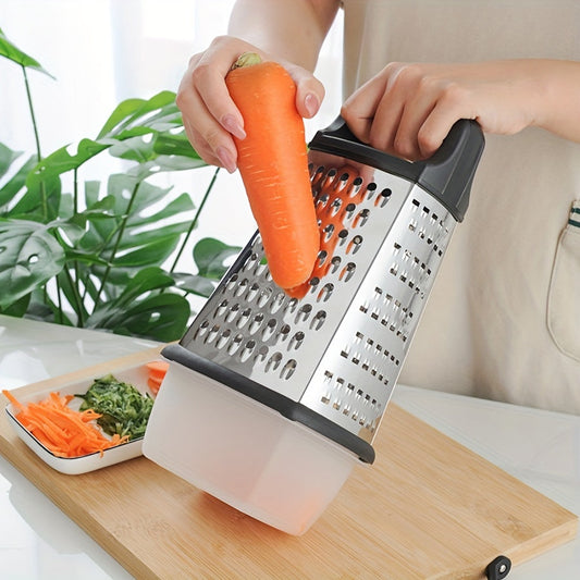 1 piece of a versatile stainless steel box grater for vegetables, cheese, ginger, garlic, and potatoes. Features a serrated shredder and slicer for various kitchen uses. A must-have kitchen tool for all your cooking needs. Perfect addition to your