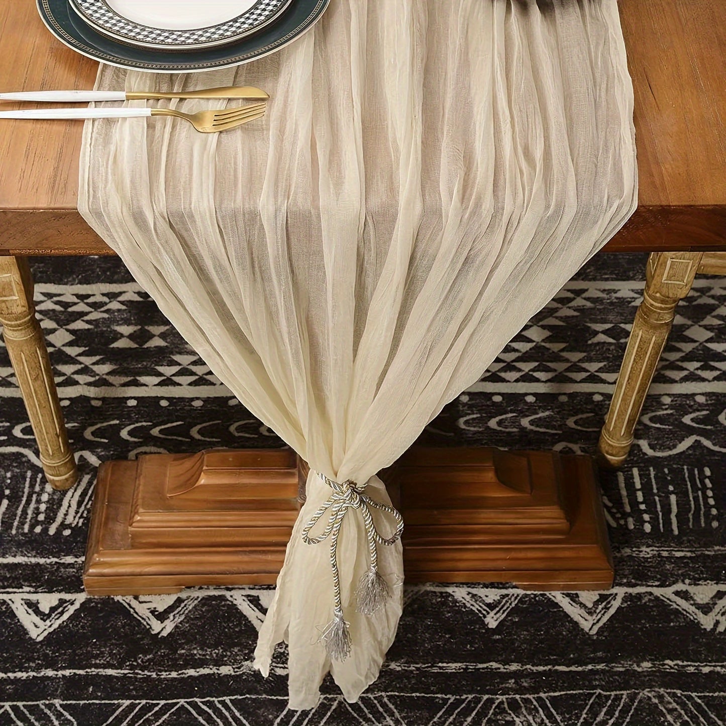 Elegant rust-colored cheesecloth table runner for spring, holidays, weddings - farmhouse chic design.