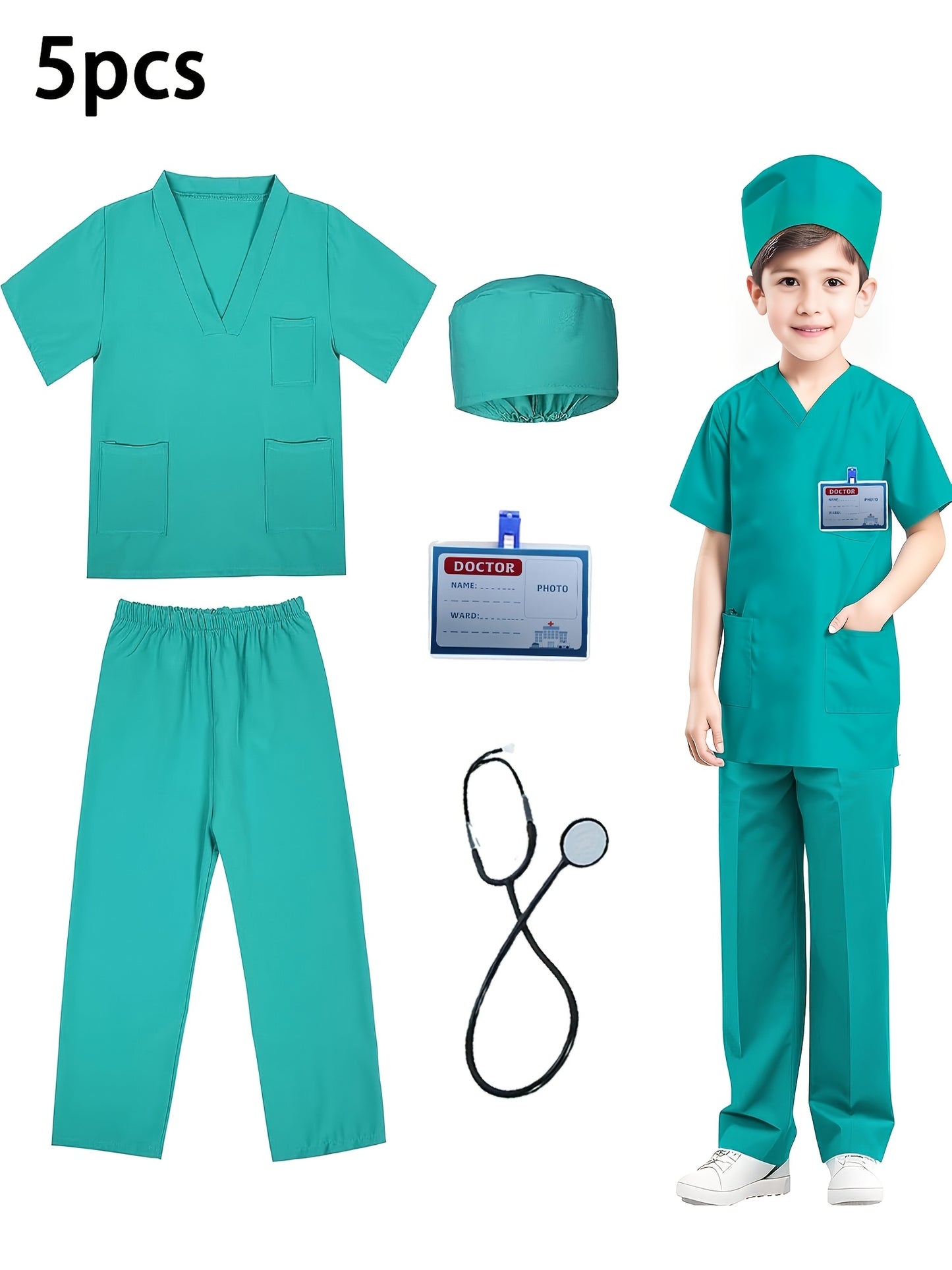 5 pieces of Children's boy doctor and nurse play clothes suitable for ages 3-10. Perfect for role playing, parties, and holidays.