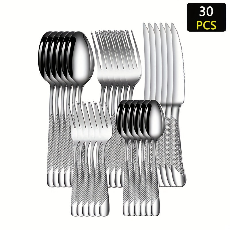 30-piece stainless steel cutlery set for restaurants and hotels, including steak knives, dinner forks, dinner spoons, and dessert spoons.