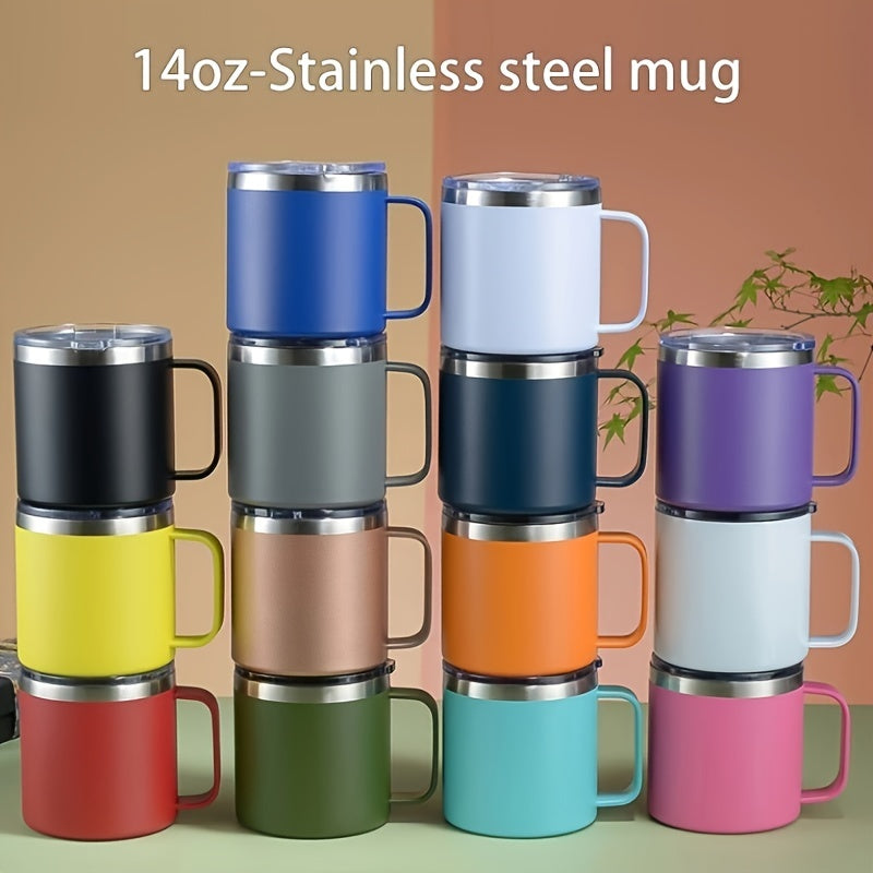 Stainless steel 14oz coffee mug with lid, double-walled vacuum insulation, ideal for hot or cold drinks.