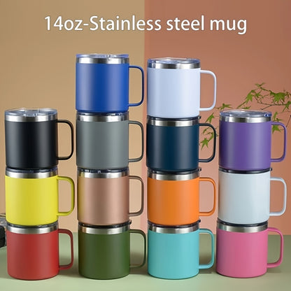 Stainless steel 14oz coffee mug with lid, double-walled vacuum insulation, ideal for hot or cold drinks.