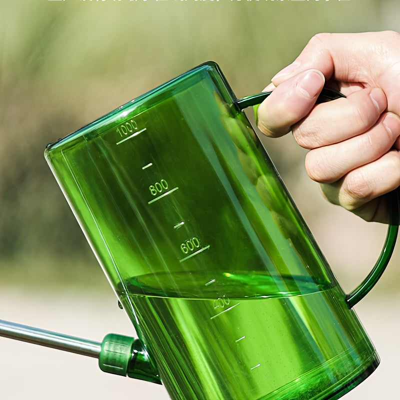 Stainless steel long spout watering can for household and garden use.