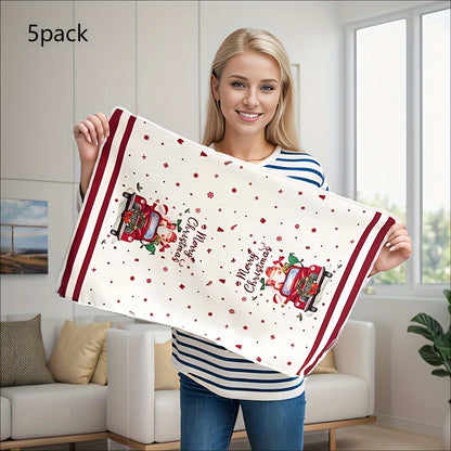 5 soft Christmas towels featuring cartoon patterns of Christmas decorations, trees, snowflakes, and gifts, with excellent water absorption.