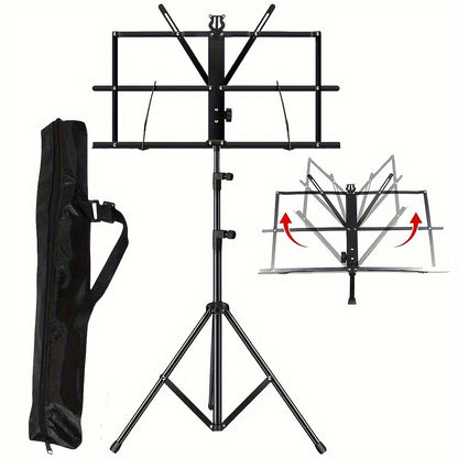 Portable folding music stand in black with adjustable height for various instruments, made of alloy construction.