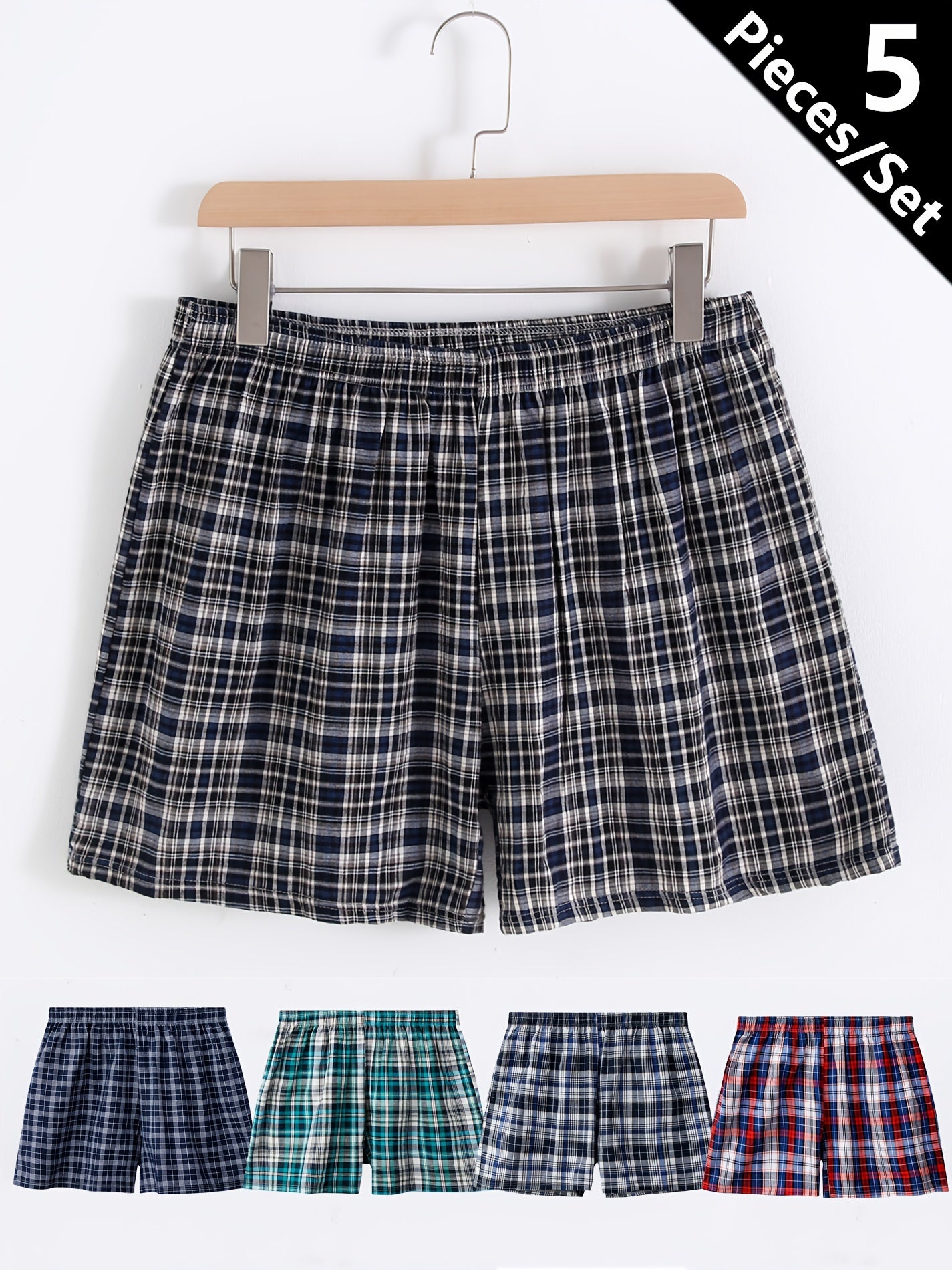 5 Men's Plaid Boxer Briefs - 100% Cotton, Breathable, Loose Fit for Home or Beach