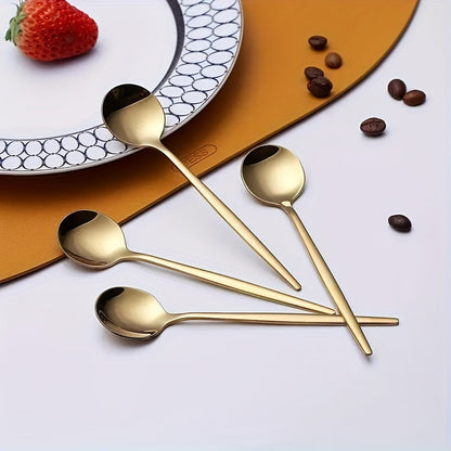 Get a set of 6/12 Gold-Tone Stainless Steel Dessert Spoons, ideal for use with coffee, tea, and other beverages. They are dishwasher safe, making them convenient for use in both home kitchens and restaurants. Perfect for special occasions such as