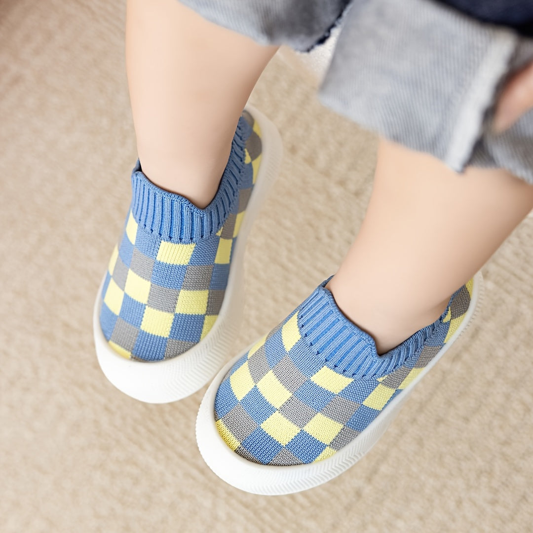 Plaid slip-on woven shoes for baby boys, perfect for indoor and outdoor comfort.