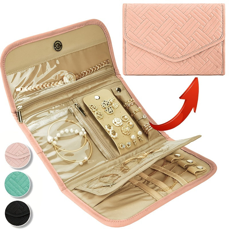 Chic waterproof organizer for jewelry and makeup with multiple compartments, ideal for travel and home storage. Available in pink, black, and cyan. Made of durable polyester material.