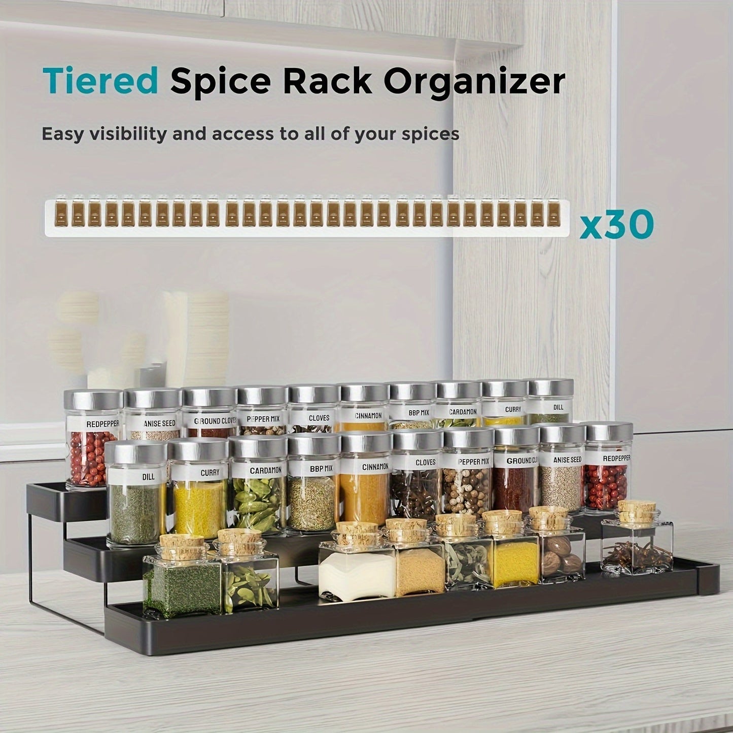 Expandable spice storage organizer, featuring 3 adjustable tiers for cabinets, countertops, cupboards, pantries, and shelves. Ideal for kitchen organization and storage, complete with kitchen accessories.