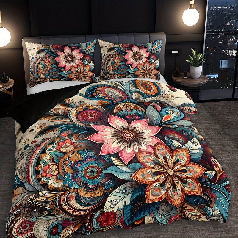 3-piece Bohemian Mandala Floral Bedding Set includes 1 duvet cover and 2 pillow cases. Pillow inserts not included. Perfect for a Christmas present.