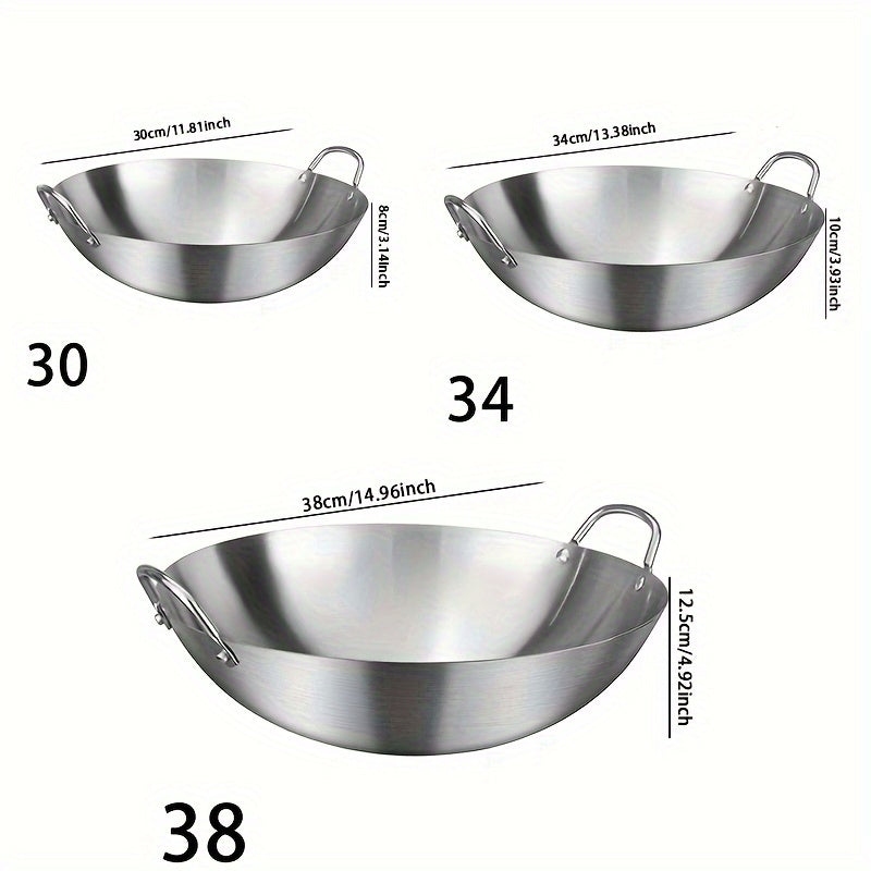 Stainless Steel Wok with Double Handles, 38.0cm Size, Heavy-duty Uncoated Pan for Restaurant-Style Cooking. Durable for Chef's Kitchen or Home Use, Easy to Clean and Food-Safe. Commercial Grade Quality.