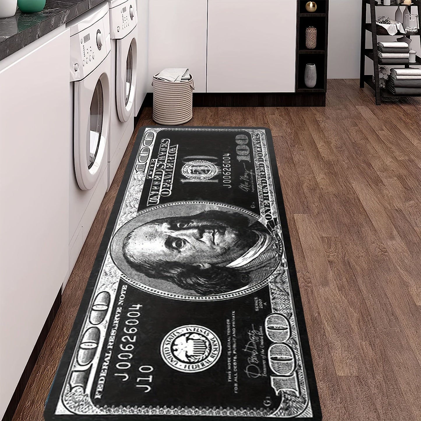 Indulgent Black Dollar Design Rug - Luxuriously Soft and Thick Flannel with Anti-Slip Backing, Easy to Clean in the Washing Machine - Ideal for Laundry Room, Hallway, Kitchen, and Living Room Decor, 500 Grams Per Square Meter for Comfort and Durability