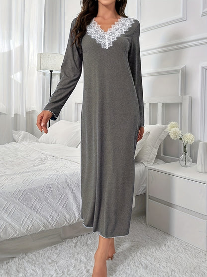 - Elegant grey lace-trimmed casual home dress for women
- V-neck, long sleeve, soft polyester & spandex blend
- Machine washable, ideal for spring styling 
- Lace detail adds a touch of