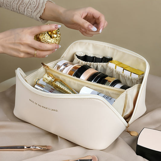 Travel-friendly makeup and skincare storage bag with large capacity and positioning printing, available in mixed colors and unscented.