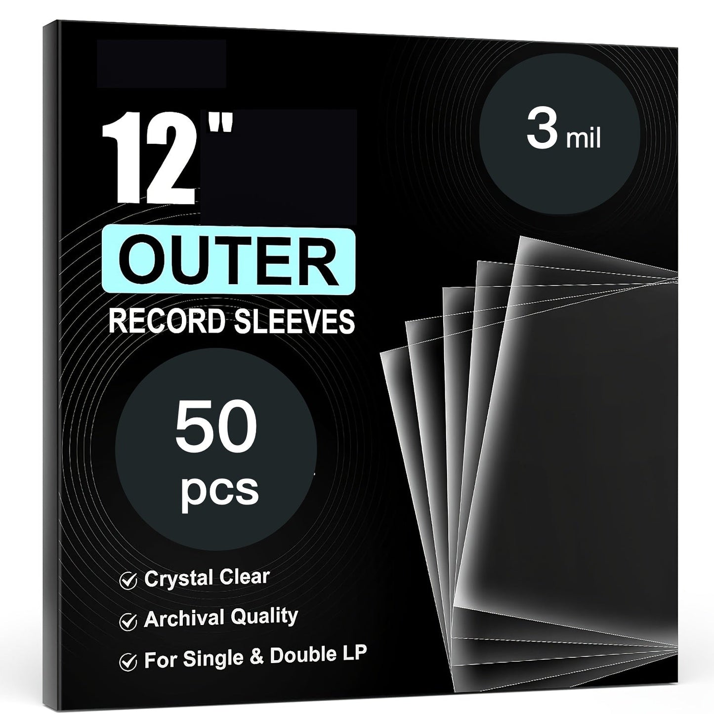 We have vinyl record jackets available in packs of 100, 50 or 25. These 12-inch LP jackets are durable, wrinkle-free, and crystal clear. They are made of high-density polypropylene and are 3mm thick. Each jacket measures 12.75 inches by 12.75 inches