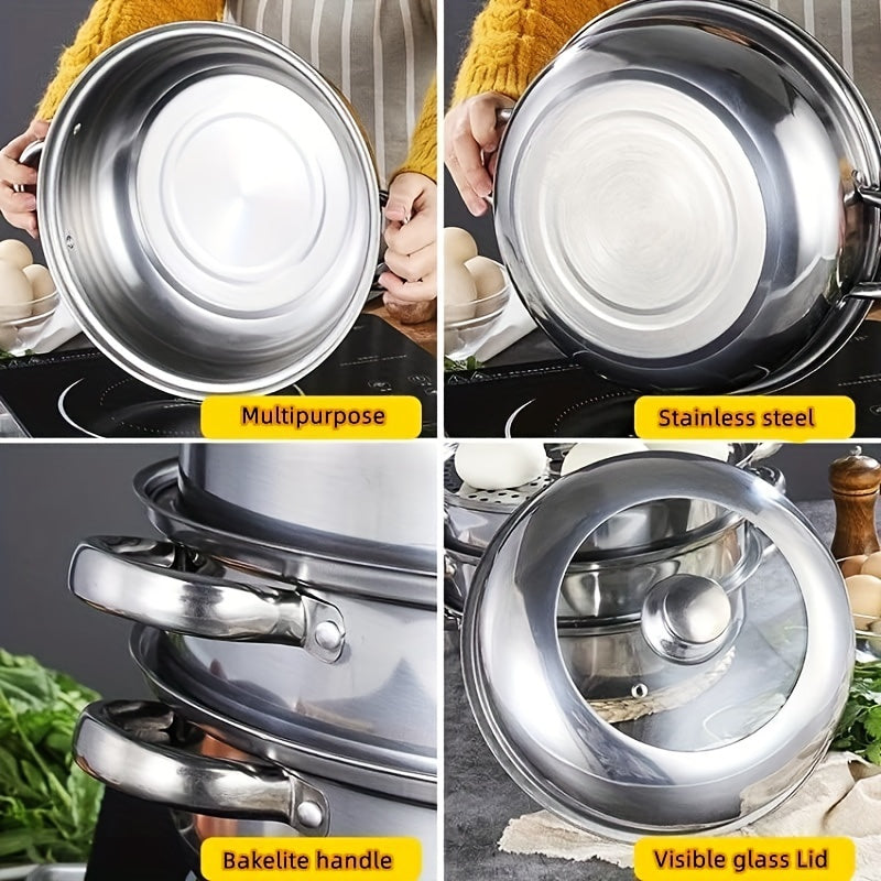 Durable Stackable Stainless Steel Cookware Set with Non-Stick Finish, Bakelite Handles, Visible Glass Lid, and Multiple Layers