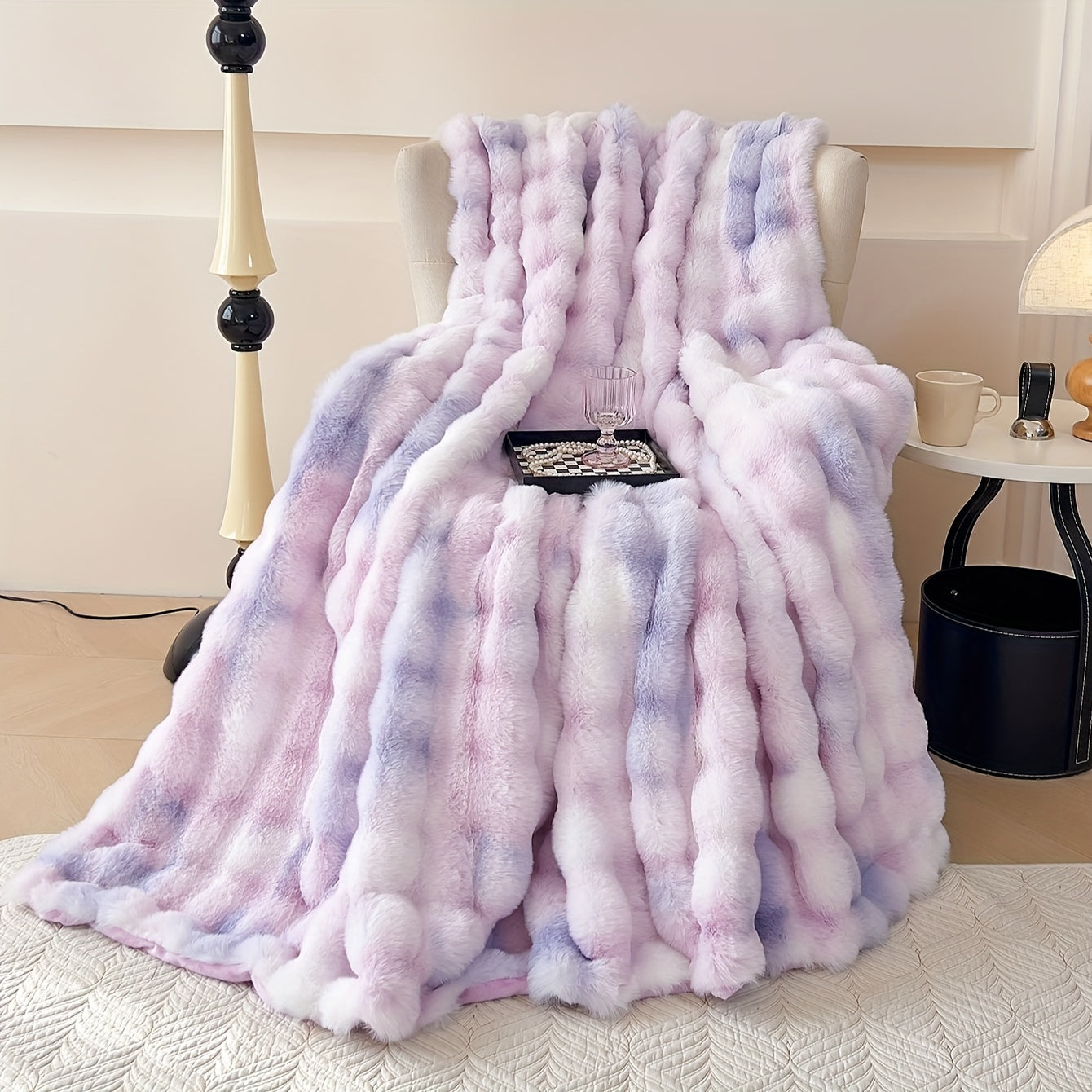 One piece of tie-dye faux rabbit fur blanket with shaggy short plush material for a soft, fluffy bed or sofa blanket, perfect for cozy naps and throws.