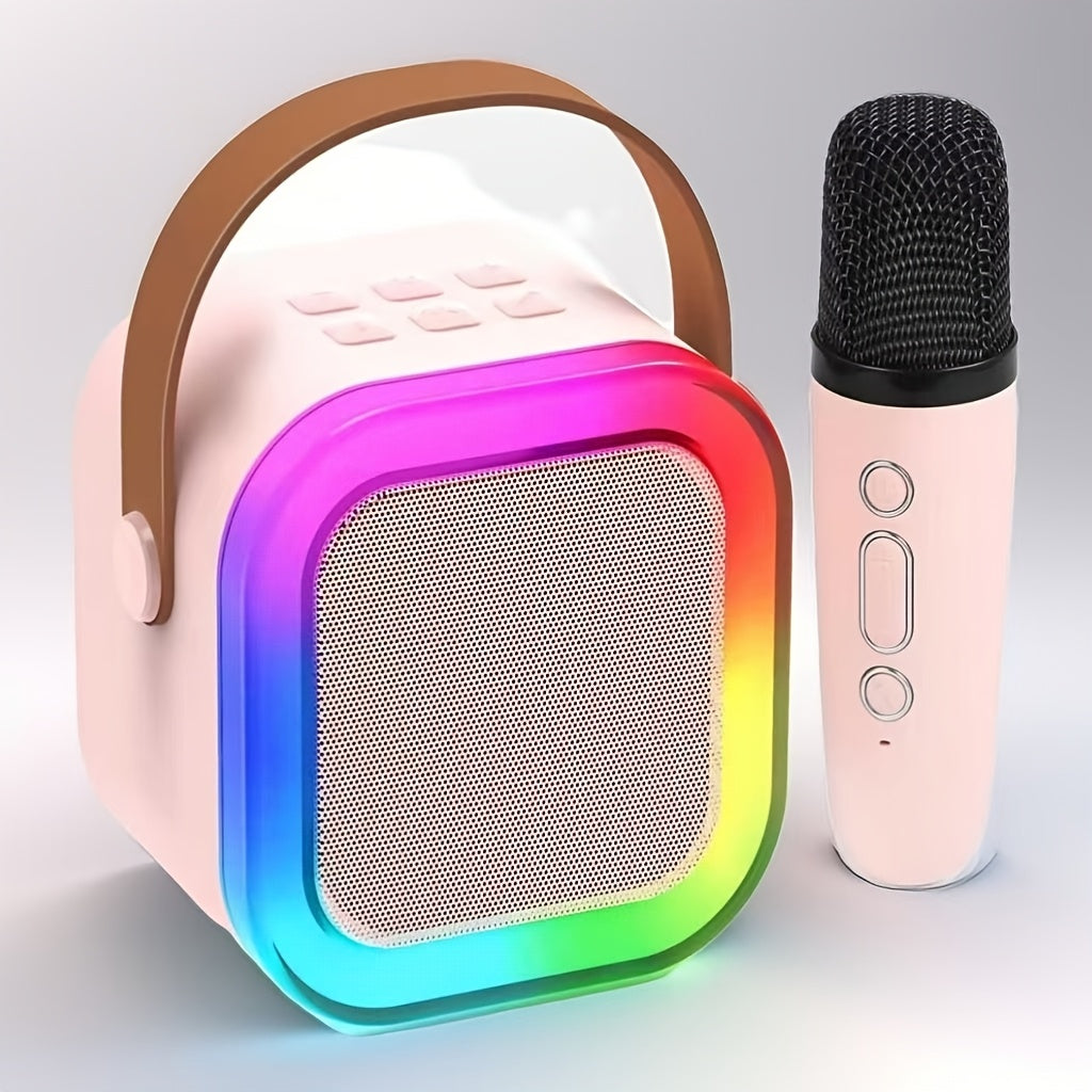 Compact karaoke speaker with wireless microphones, LED disco lights; ideal for home parties and special occasions like birthdays and Valentine's Day.