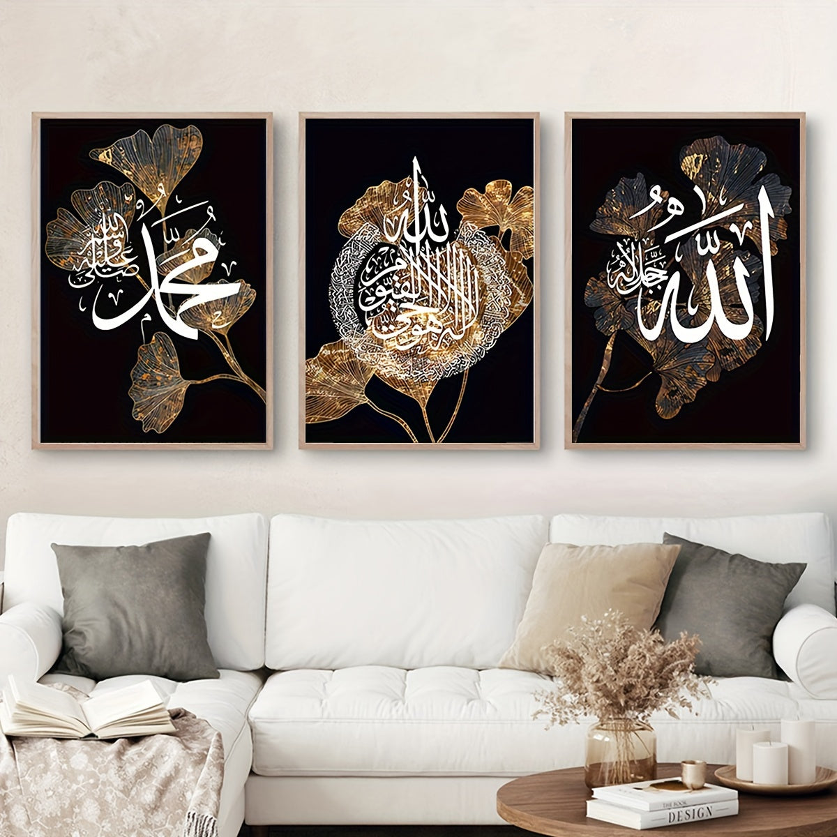 Poster canvas painting featuring Islamic calligraphy on a black background with golden leaves and apricot leaf marble design, suitable for living room decor. Frameless.