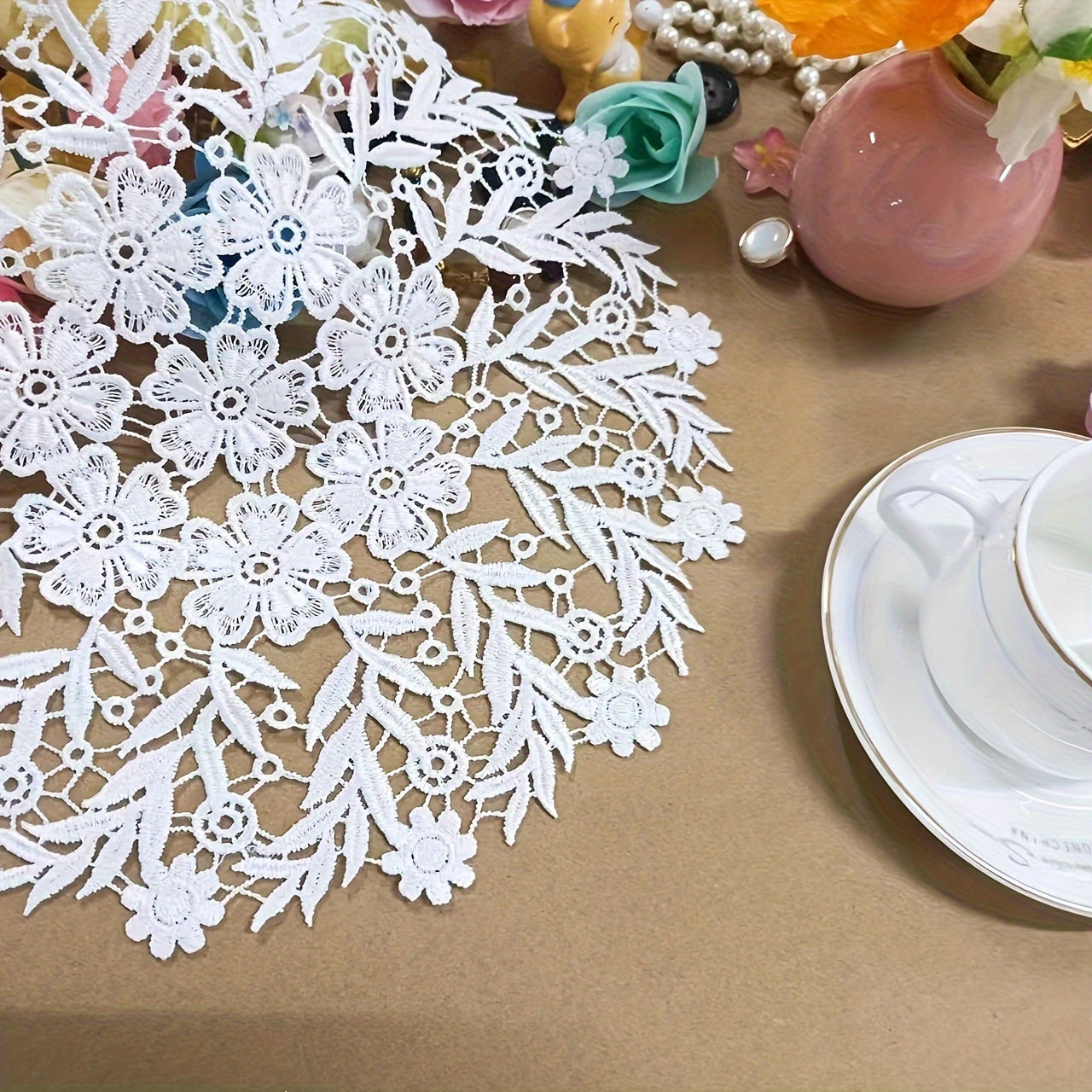 Elegant European lace coaster set for table protection.