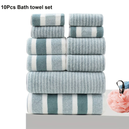 10-piece striped microfiber towel set includes 2 bath towels, 4 hand towels, and 4 washcloths. Perfect for home, hotel, and spa use due to their quick-dry and absorbent qualities.