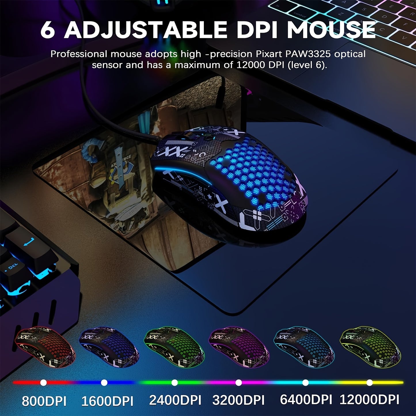 M5 Gaming Mouse with 65G Lightweight Honeycomb Housing, Ultraweave Cable, 26 RGB Backlighting, and Pixart 3325 12000 DPI Optical Sensor.