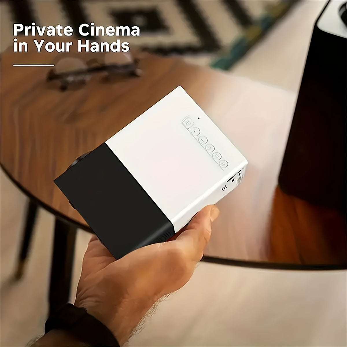 EU plug mini projector with 720P/1080P support, compatible with smartphone and USB port. Features SD memory card/AV/USB connection on the same screen. 2800 brightness lumens.