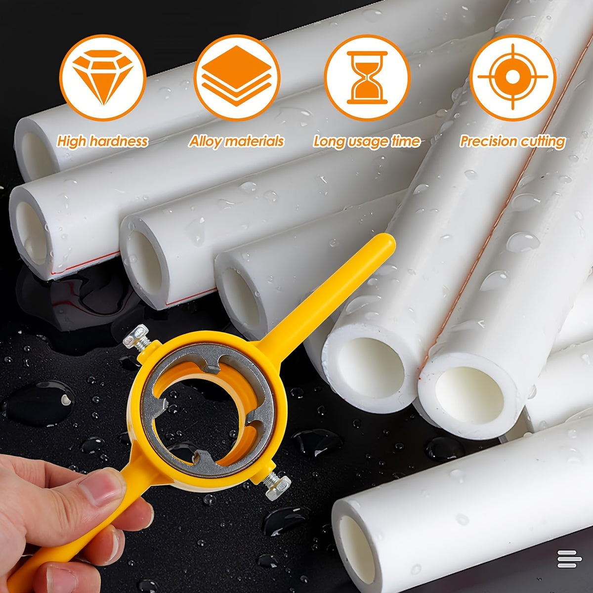 6-piece PVC pipe threader plumbing tool kit includes 1/2 inch, 3/4 inch, and 1 inch dies for PVC threading.