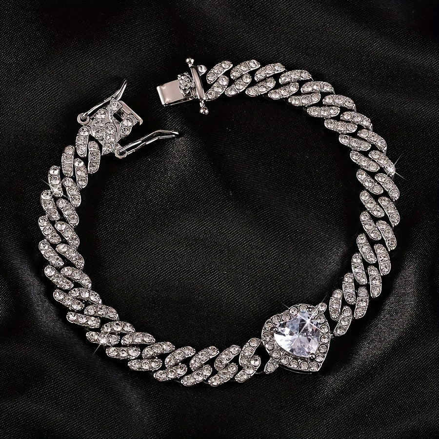 Elevate your style with this 8-inch Elegant Hip-Hop Cuban Chain Bracelet featuring a Rhinestone Heart Charm and Synthetic Gemstone Accents. Perfect for both men and women, this luxurious piece of jewelry is a fashionable choice for everyday wear or as a