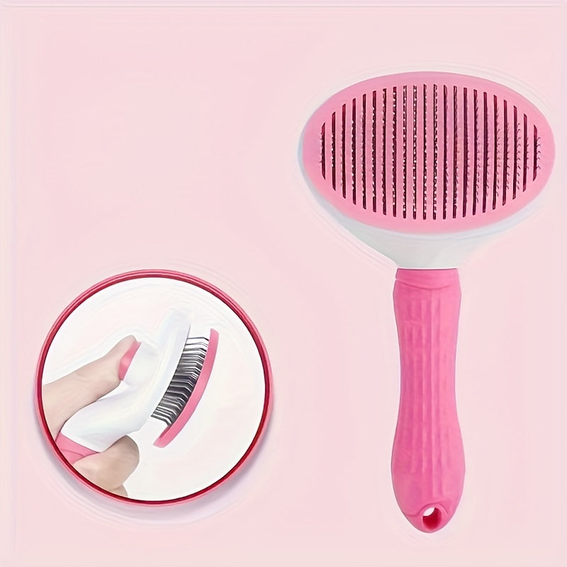 Pet hair removal comb with one-button operation, ideal for grooming and massaging dogs and cats.