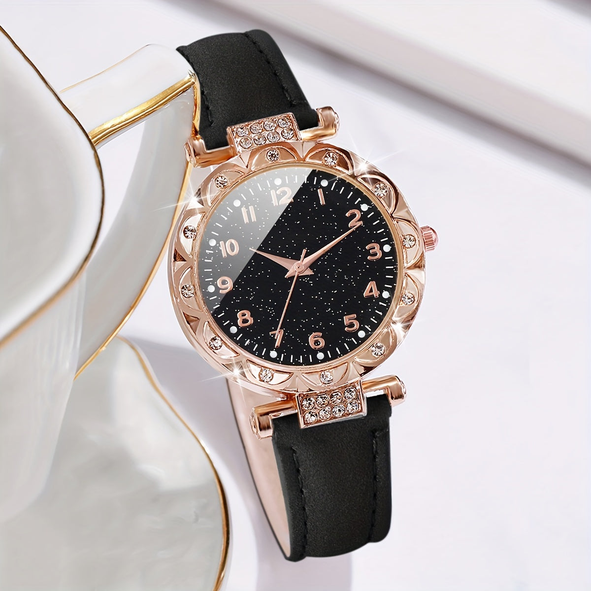 Set of 2 fashionable women's quartz wristwatch and bracelet with round alloy case, faux leather band, non-rechargeable button battery - Elegant timepiece combo.