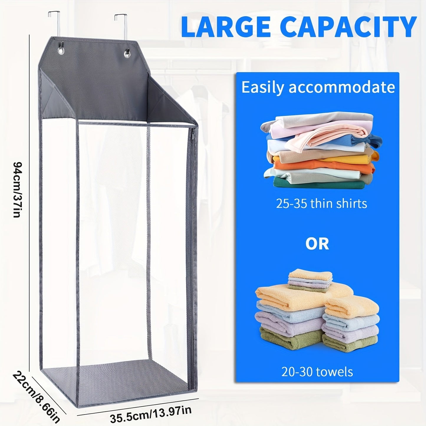 Foldable hanging laundry hamper with hooks, zipper, and large mesh design - ideal for bathrooms, dorms, and small spaces. Convenient wall-mounted storage basket for dirty clothes. Ideal for laundry organization.