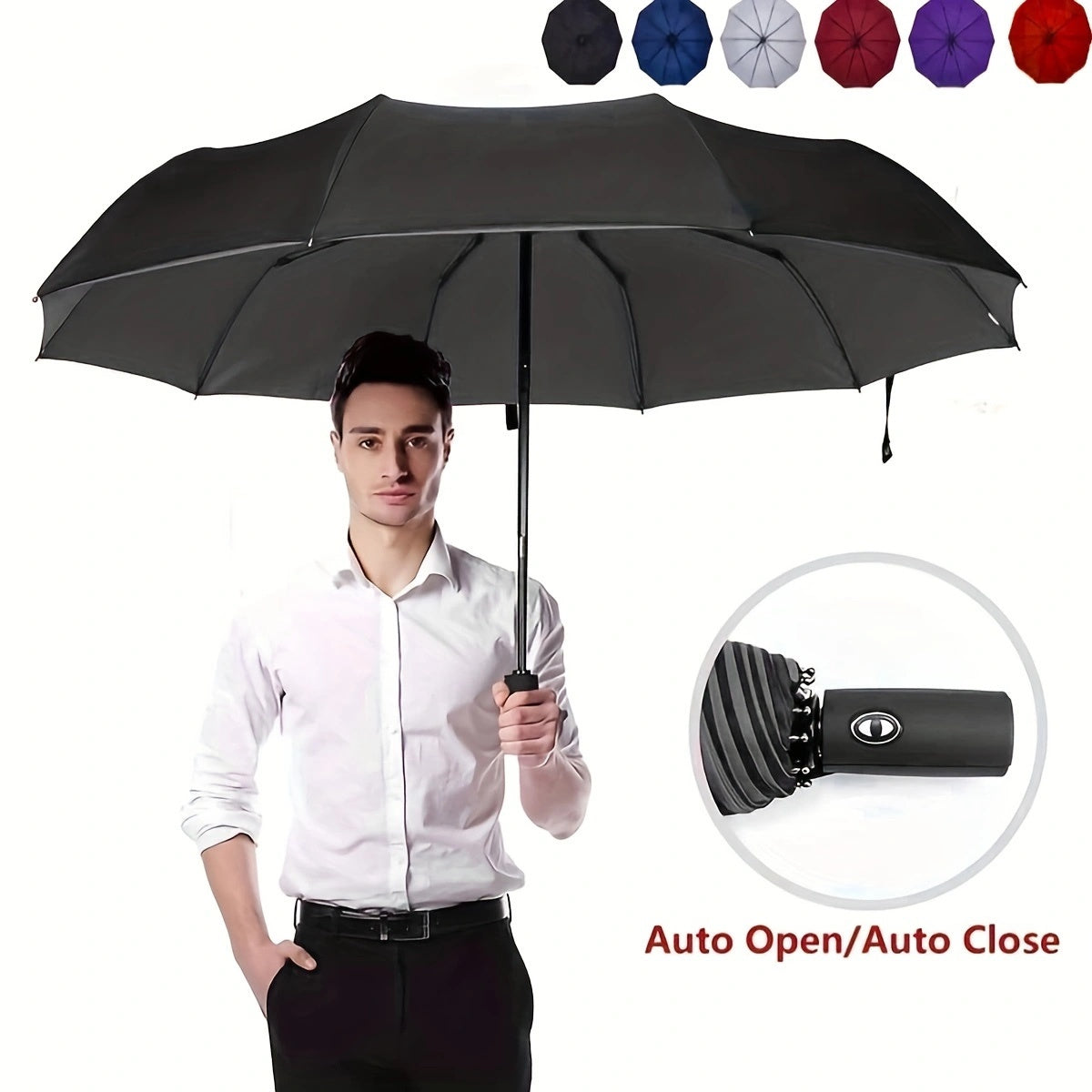 Automatic tri-fold umbrella with windproof feature and durable canopy for enhanced rain protection, perfect for business use.