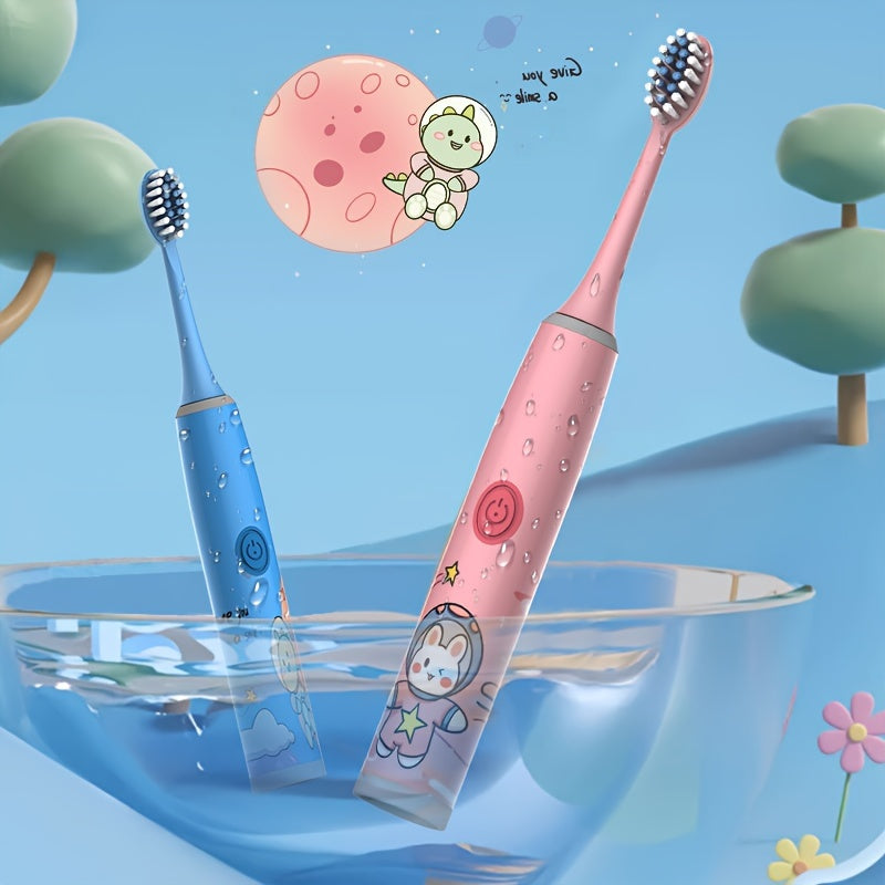 Cartoon Space Series Electric Toothbrush with 5 brush heads, battery powered, soft bristle, 2-minute timer, deep clean, cavity protection, perfect birthday gift.