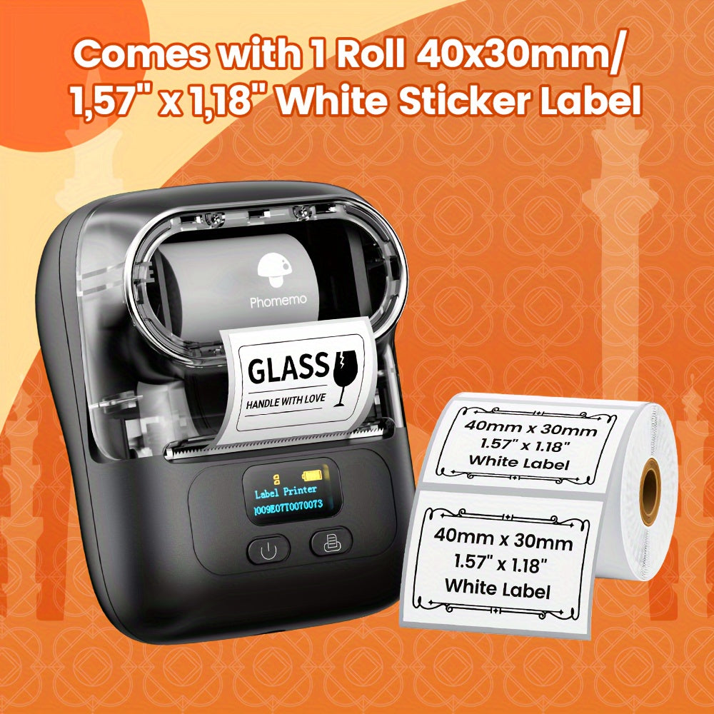 Phomemo M110 Wireless Label Printer with 40x30mm Sticker Roll, ideal for businesses and office use, with wireless connectivity for phones & PCs.